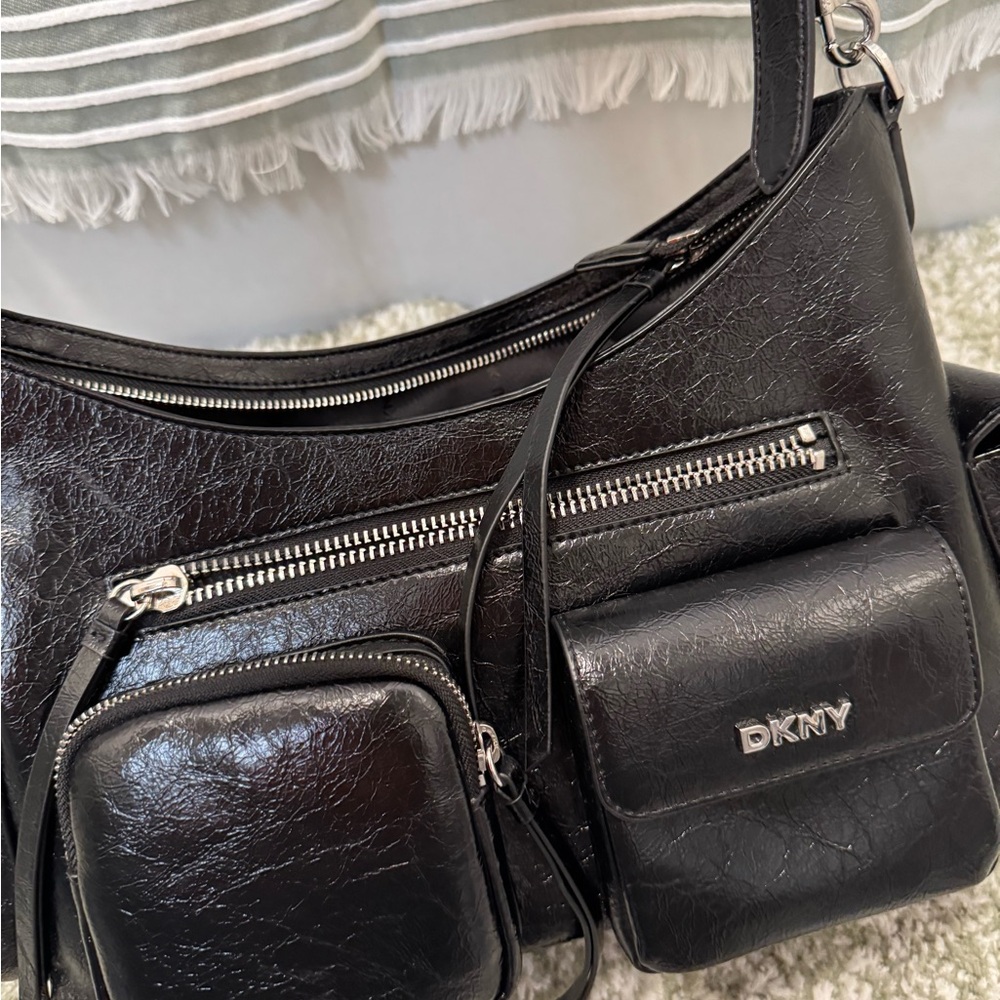 DKNY Black Leather Shoulder Bag with Silver Accents